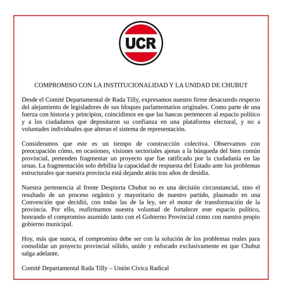 La UCR de toda la provincia rechazó la ruptura de Tamame y González y ratificó su pertenencia a Despierta Chubut